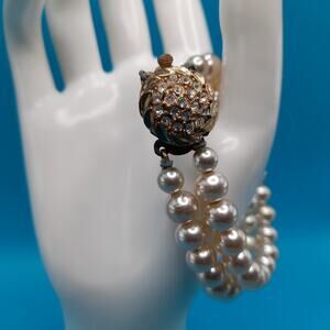 Vintage Glass Pearl Bracelet, Rhinestone Clasp, 1950s Jewelry